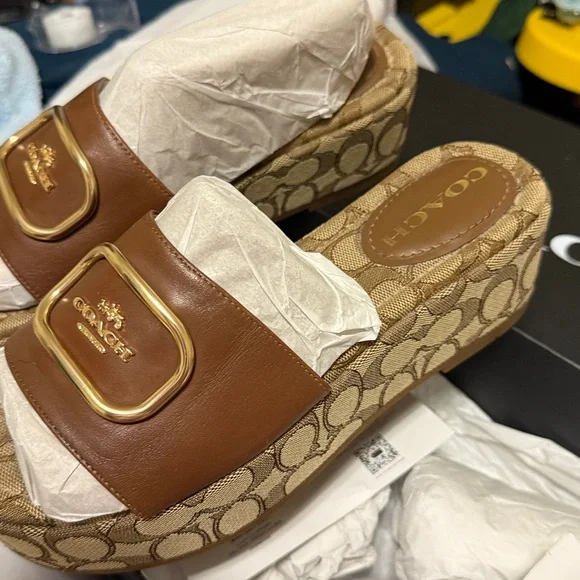 Coach Brown Signature Mules with Gold Accent - Picture 12 of 13